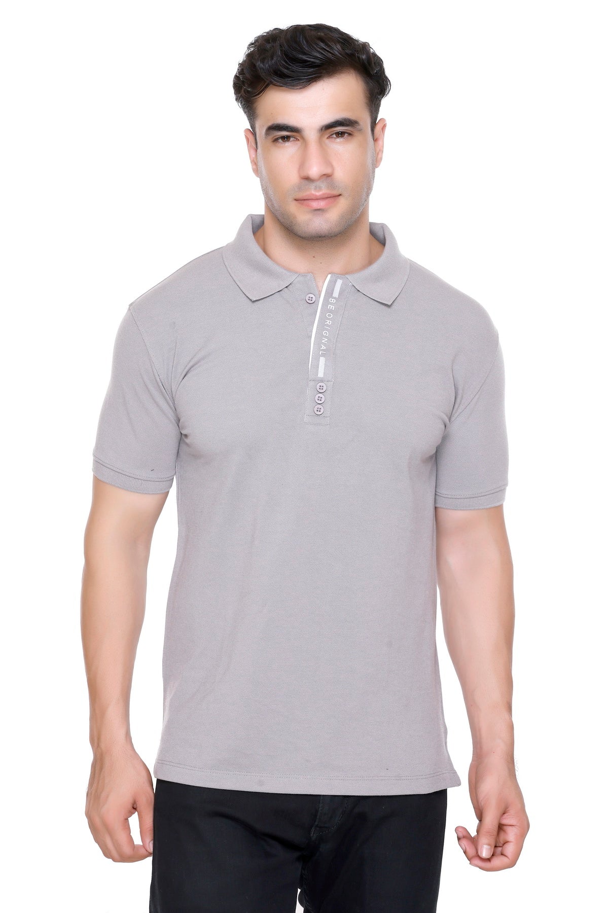 Hood Culture Men’s Solid Cotton Polo Grey T-Shirt – Half Sleeve