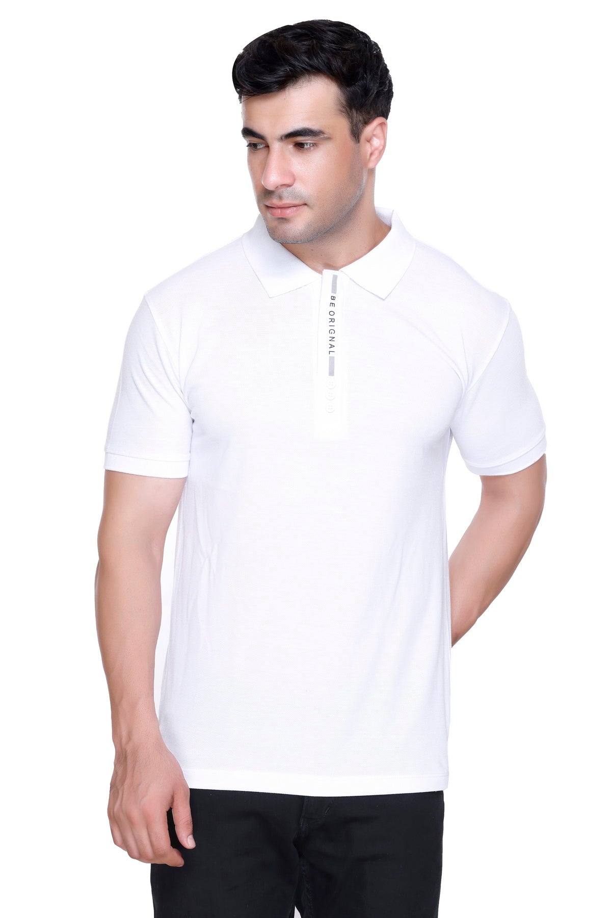 Hood Culture Men’s Solid Cotton Polo White T-Shirt – Half Sleeve