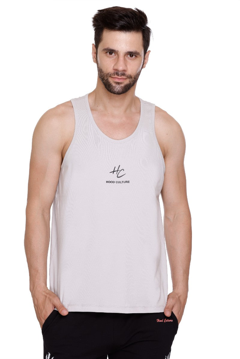 Men's Printed Cotton Lycra Gym Grey Vest | Activewear Sports Sleeveless Tank Top | Stretchable Workout Vest for Men