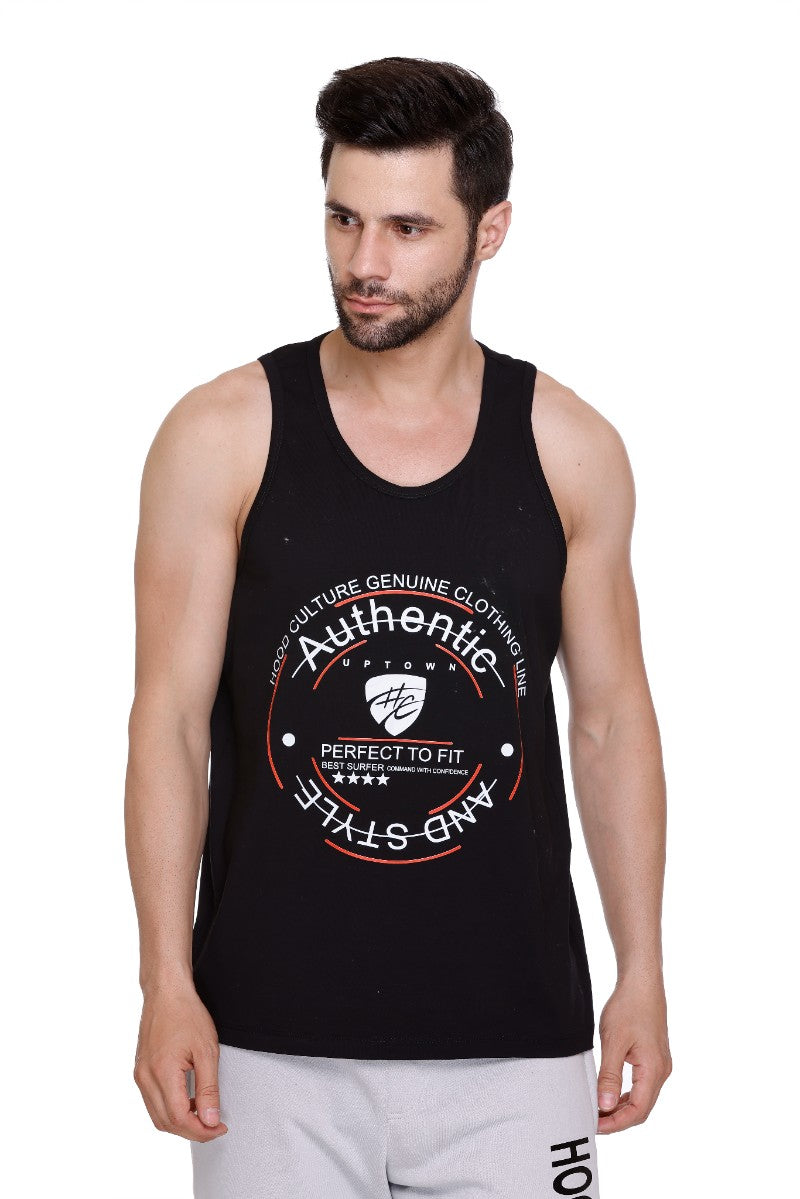 Men's Printed Cotton Lycra Black Gym Vest | Activewear Sports Sleeveless Tank Top | Stretchable Workout Vest for Men
