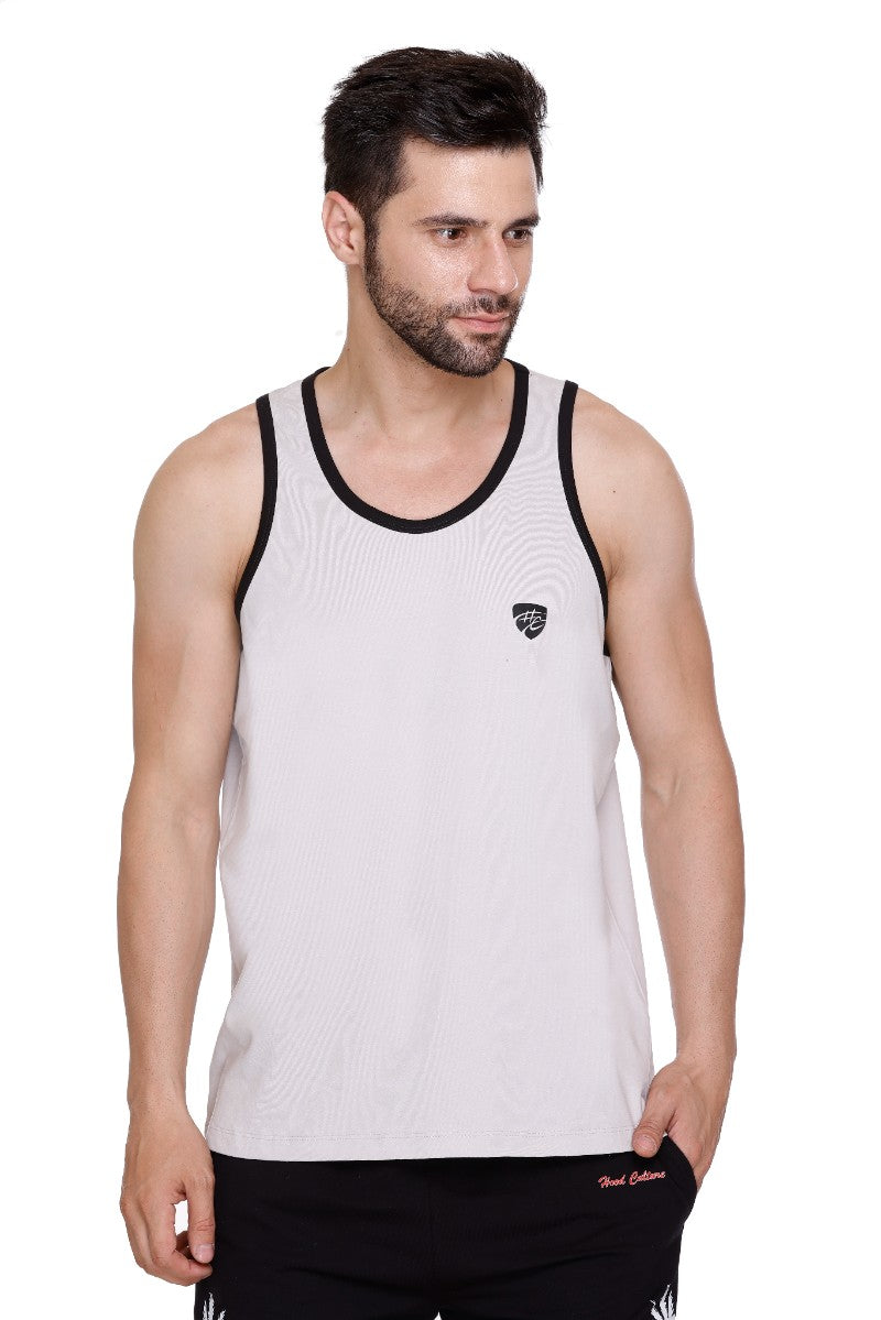 Men's Solid Grey Cotton Lycra Gym Vest | Activewear Sports Sleeveless Vest | Stretchable Workout Vest for Men