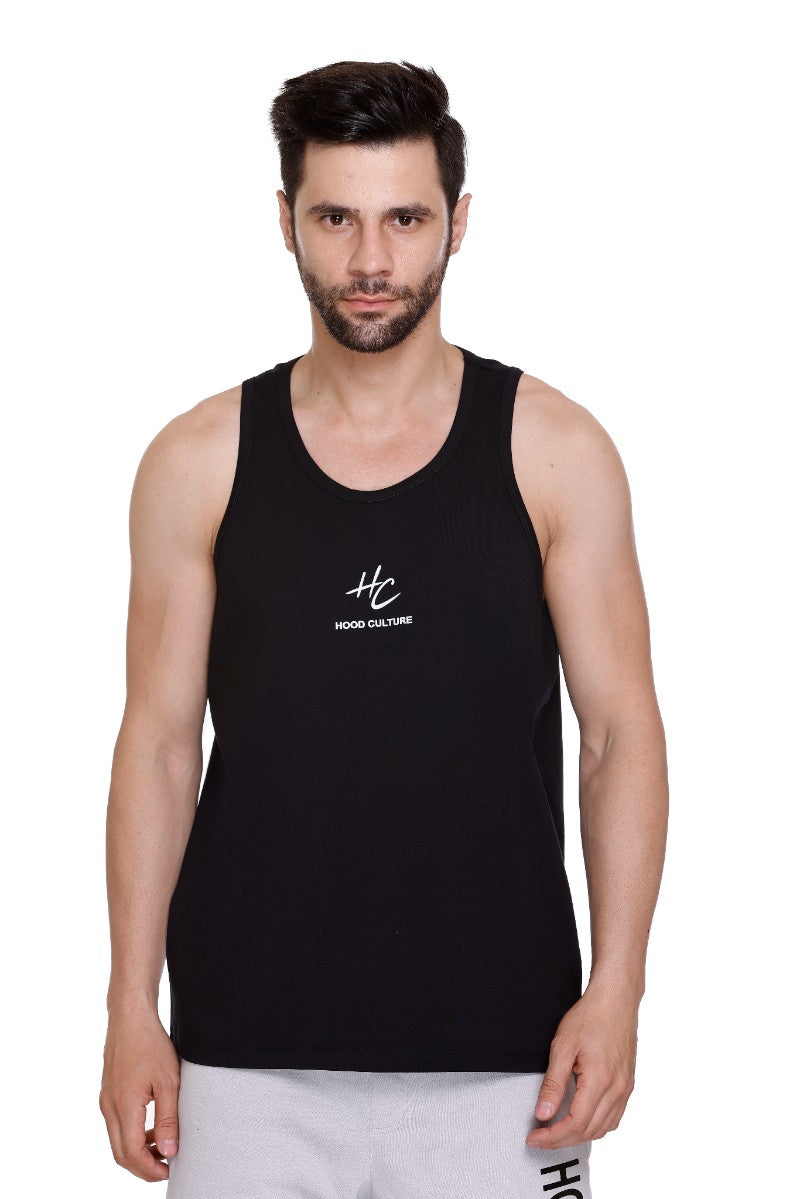 Men's Printed Cotton Lycra Gym Black Vest | Activewear Sports Sleeveless Tank Top | Stretchable Workout Vest for Men