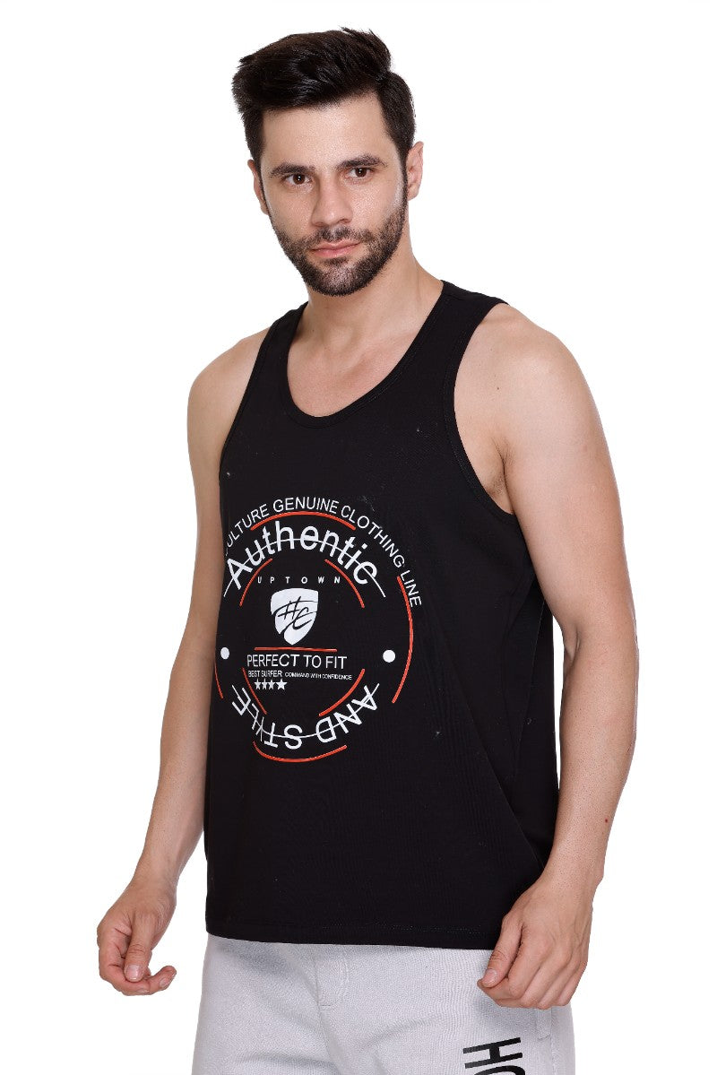 Men's Printed Cotton Lycra Black Gym Vest | Activewear Sports Sleeveless Tank Top | Stretchable Workout Vest for Men