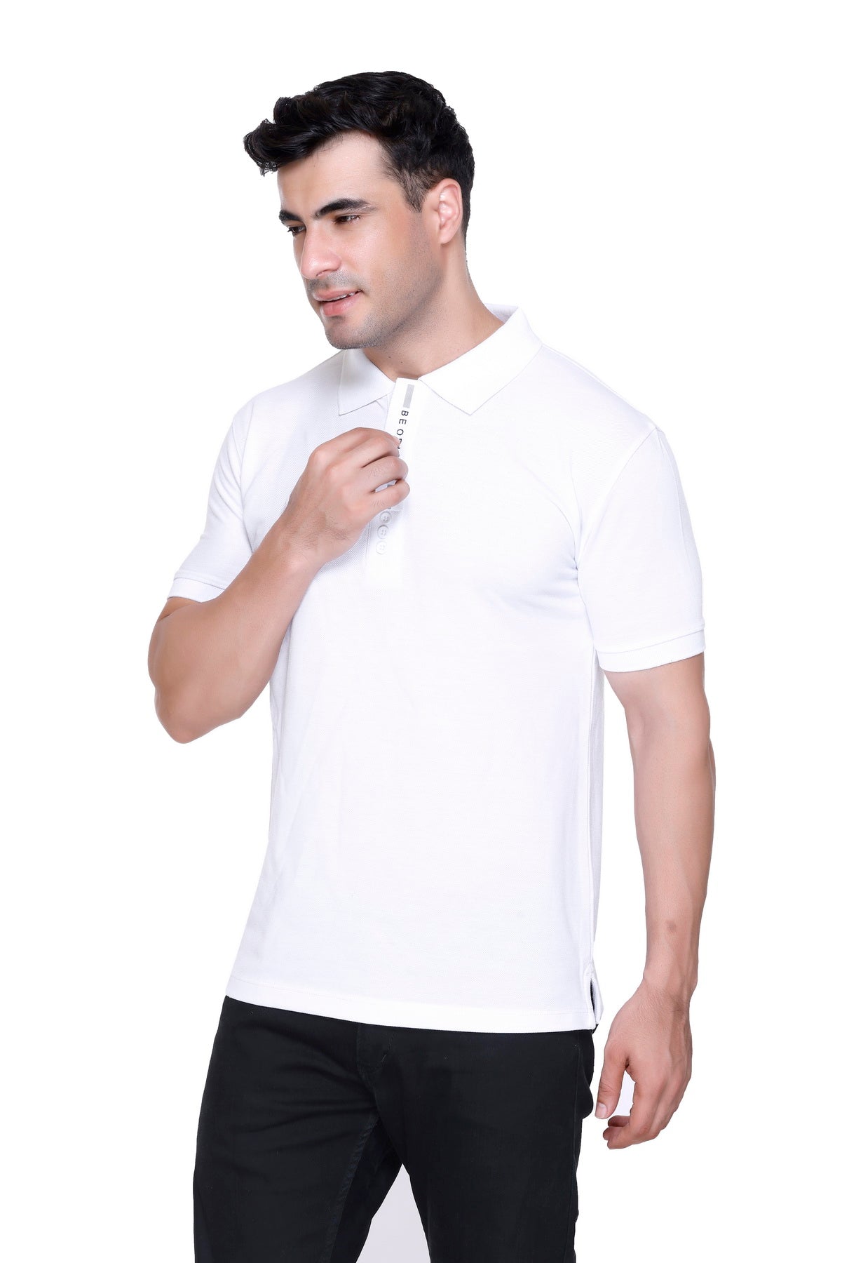 Hood Culture Men’s Solid Cotton Polo White T-Shirt – Half Sleeve