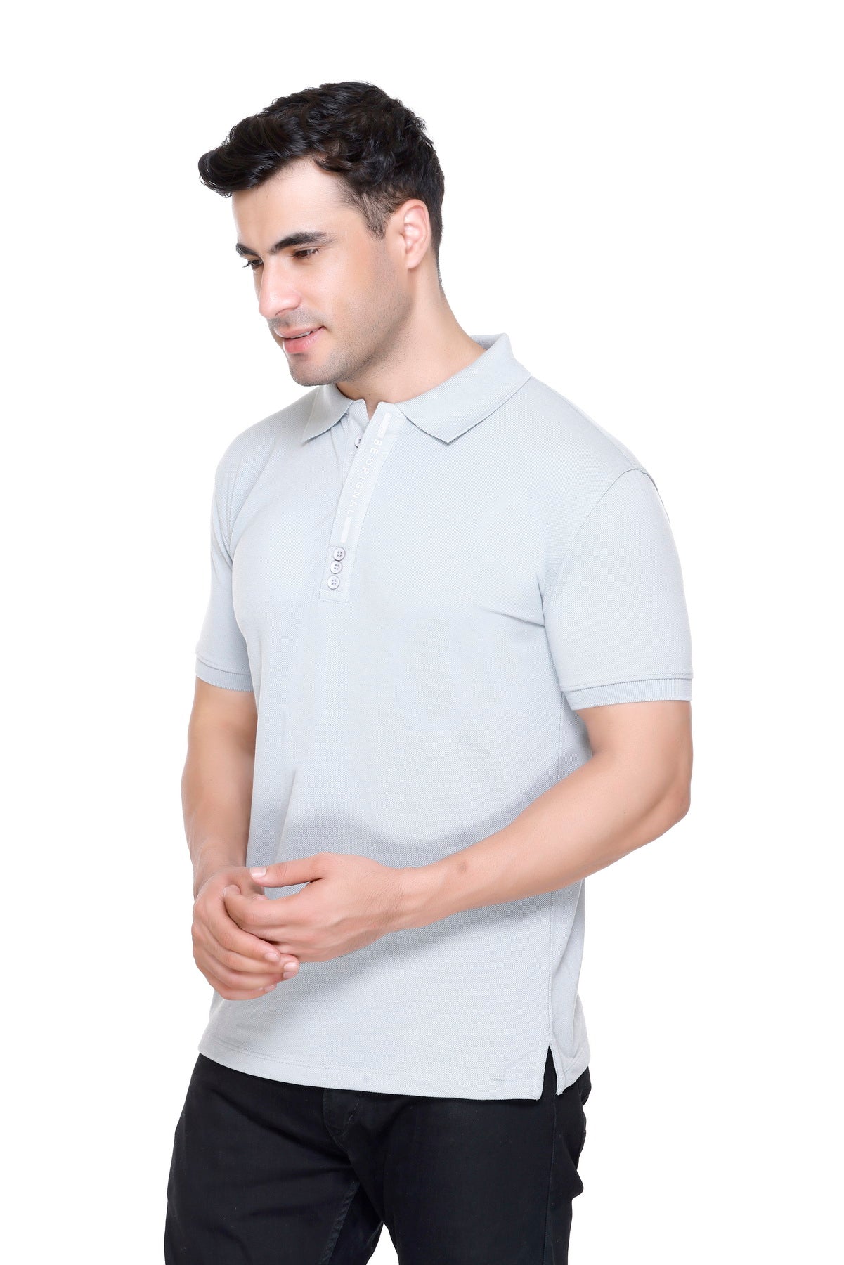 Hood Culture Men’s Solid Cotton Polo Sky T-Shirt – Half Sleeve
