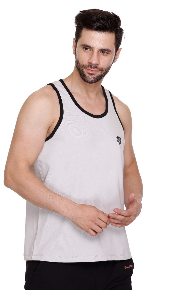 Men's Solid Grey Cotton Lycra Gym Vest | Activewear Sports Sleeveless Vest | Stretchable Workout Vest for Men