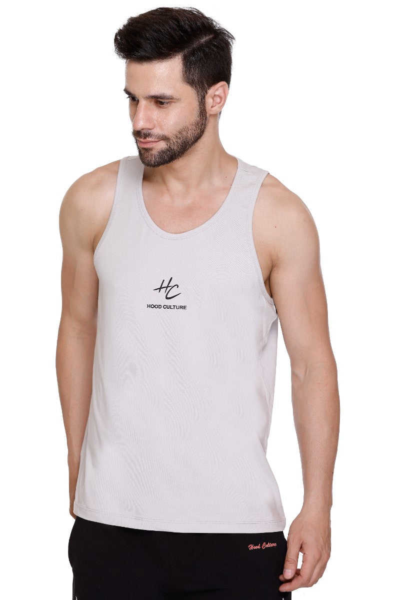 Men's Printed Cotton Lycra Gym Grey Vest | Activewear Sports Sleeveless Tank Top | Stretchable Workout Vest for Men