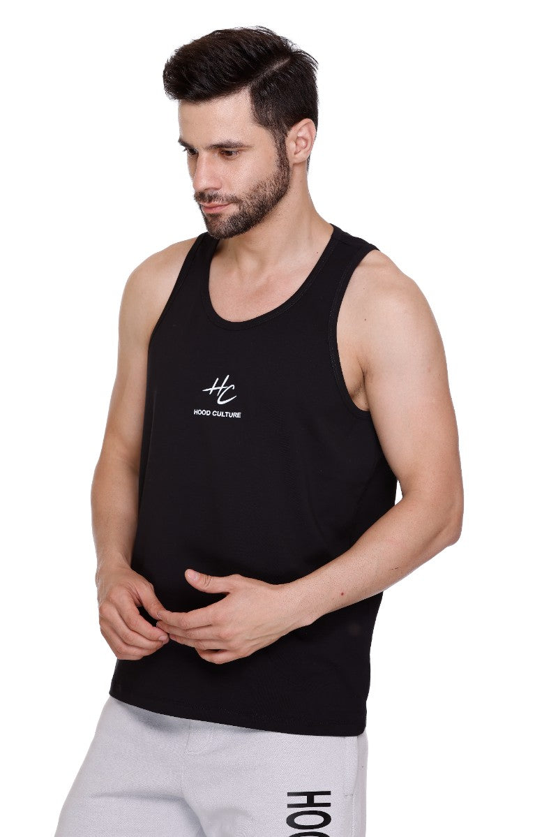 Men's Printed Cotton Lycra Gym Black Vest | Activewear Sports Sleeveless Tank Top | Stretchable Workout Vest for Men