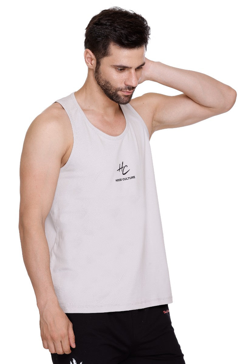 Men's Printed Cotton Lycra Gym Grey Vest | Activewear Sports Sleeveless Tank Top | Stretchable Workout Vest for Men
