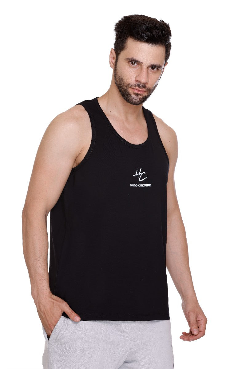 Men's Printed Cotton Lycra Gym Black Vest | Activewear Sports Sleeveless Tank Top | Stretchable Workout Vest for Men