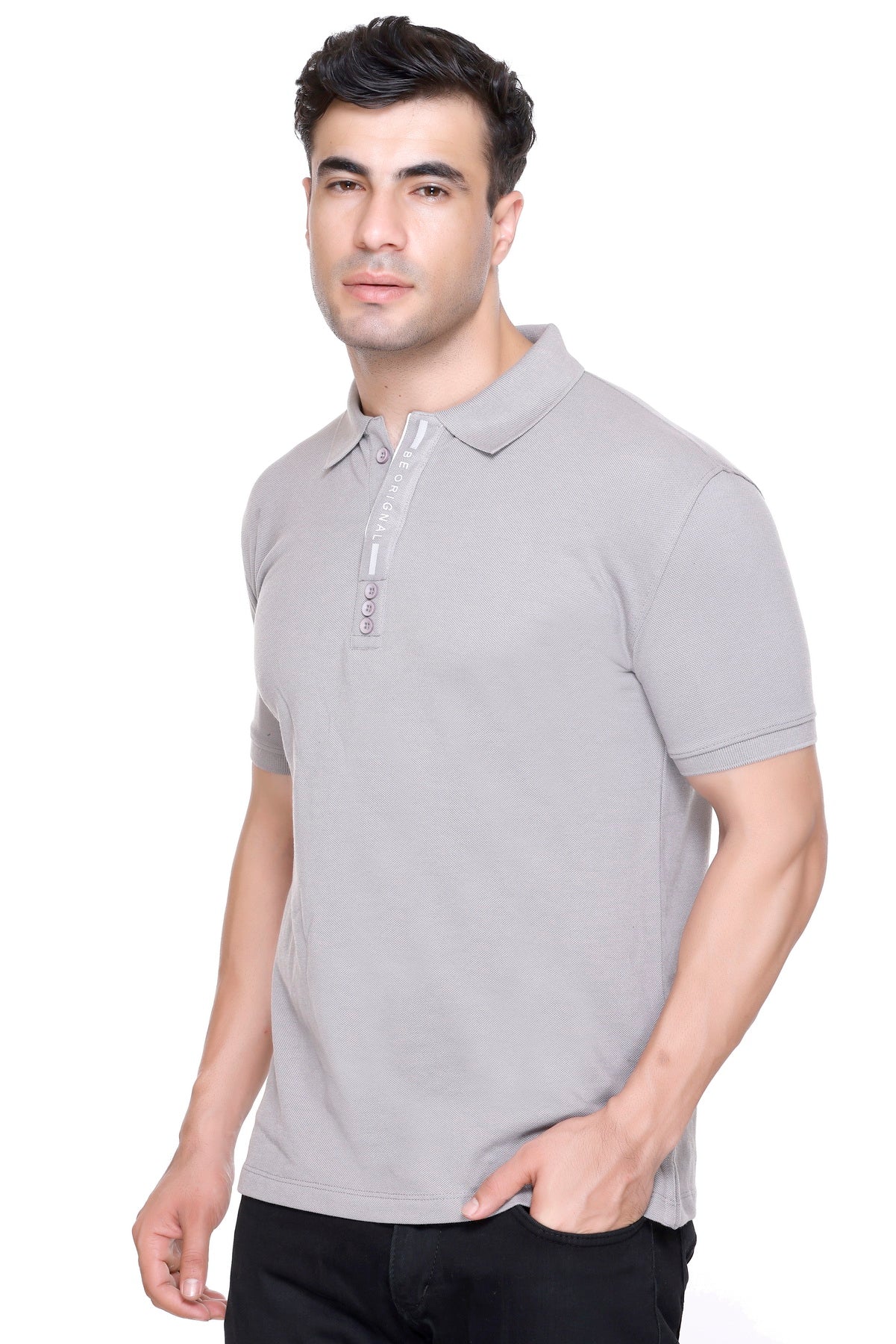 Hood Culture Men’s Solid Cotton Polo Grey T-Shirt – Half Sleeve