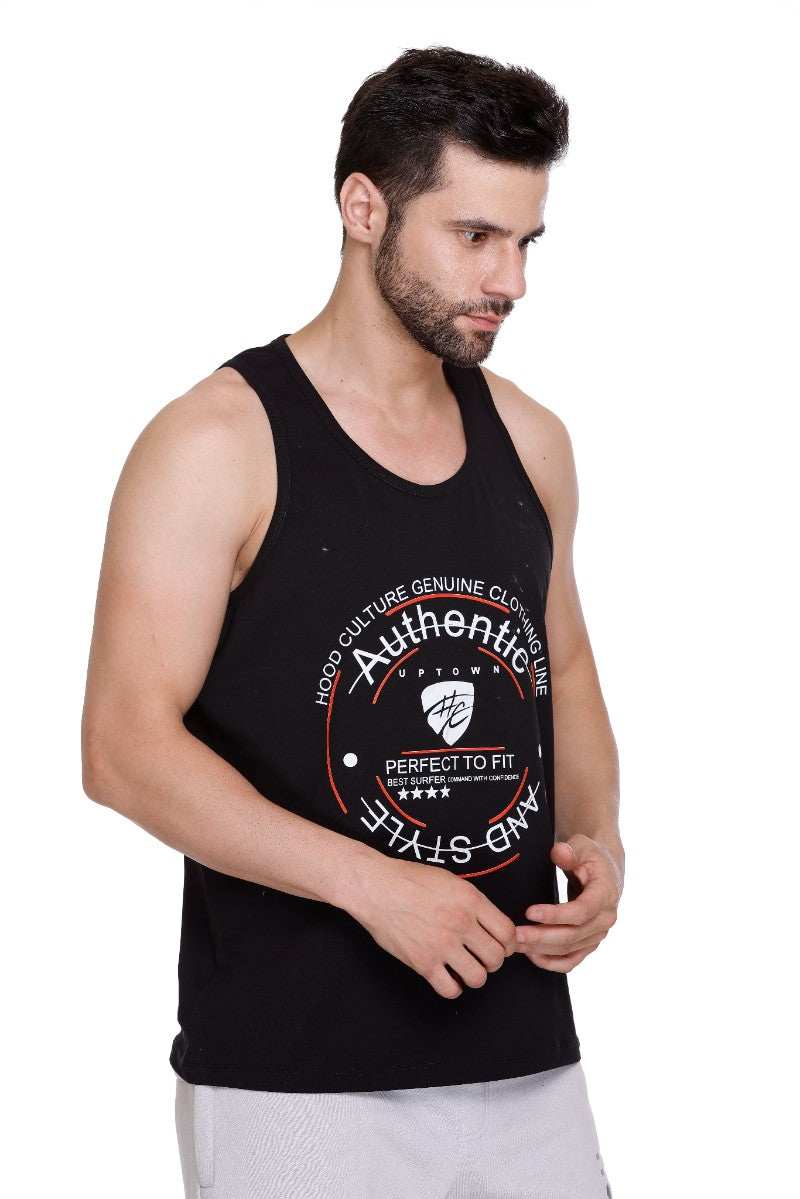 Men's Printed Cotton Lycra Black Gym Vest | Activewear Sports Sleeveless Tank Top | Stretchable Workout Vest for Men