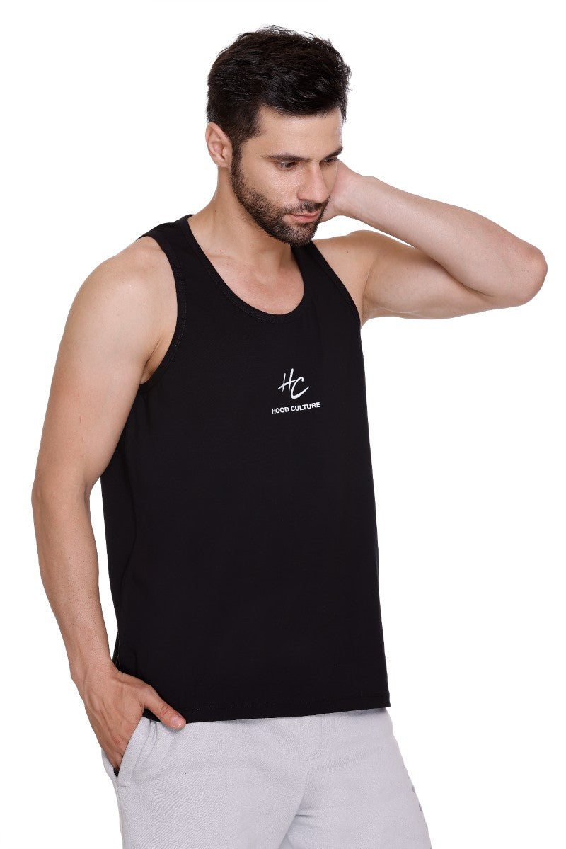 Men's Printed Cotton Lycra Gym Black Vest | Activewear Sports Sleeveless Tank Top | Stretchable Workout Vest for Men