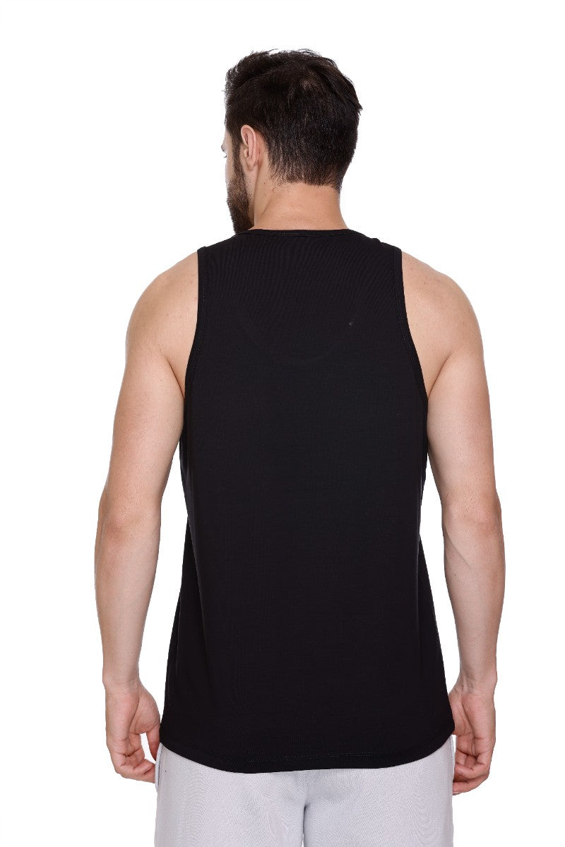 Men's Printed Cotton Lycra Gym Black Vest | Activewear Sports Sleeveless Tank Top | Stretchable Workout Vest for Men