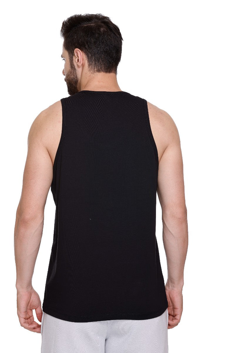 Men's Printed Cotton Lycra Black Gym Vest | Activewear Sports Sleeveless Tank Top | Stretchable Workout Vest for Men