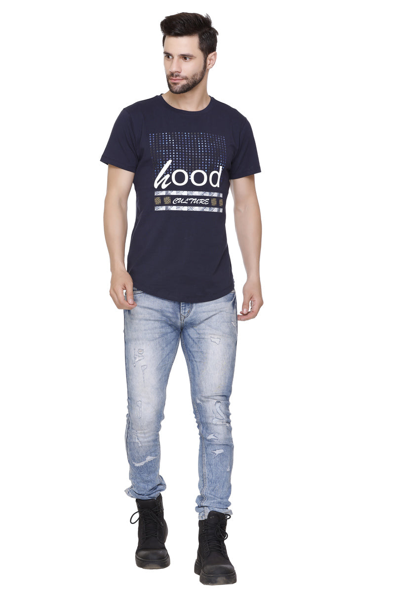 Men’s Printed Cotton Lycra Navy T-Shirt | Hood Culture