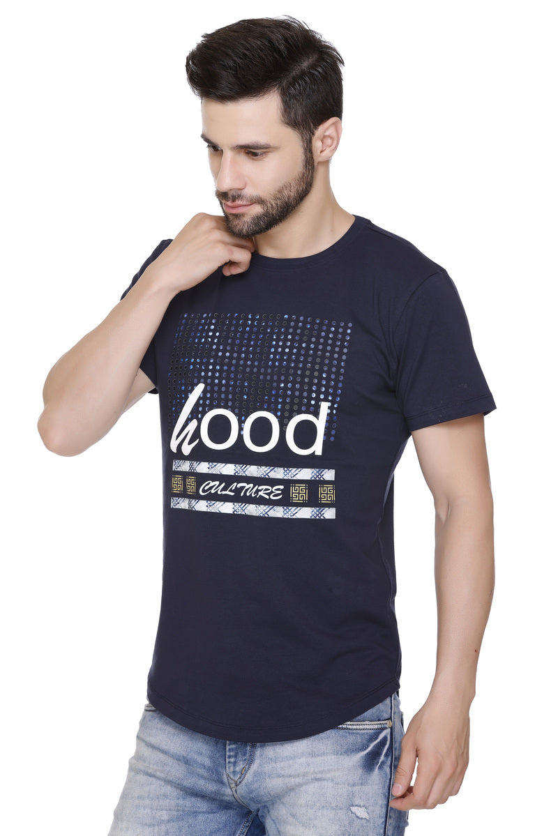 Men’s Printed Cotton Lycra Navy T-Shirt | Hood Culture