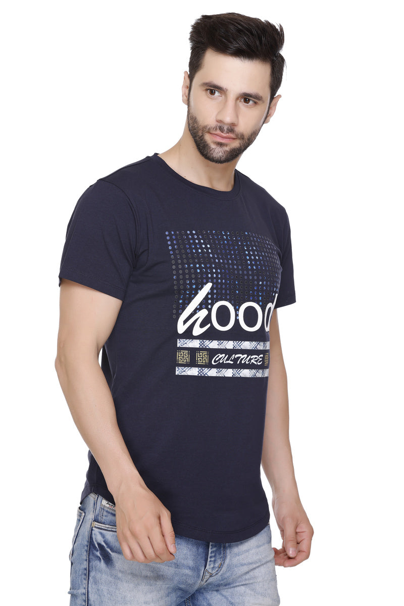 Men’s Printed Cotton Lycra Navy T-Shirt | Hood Culture