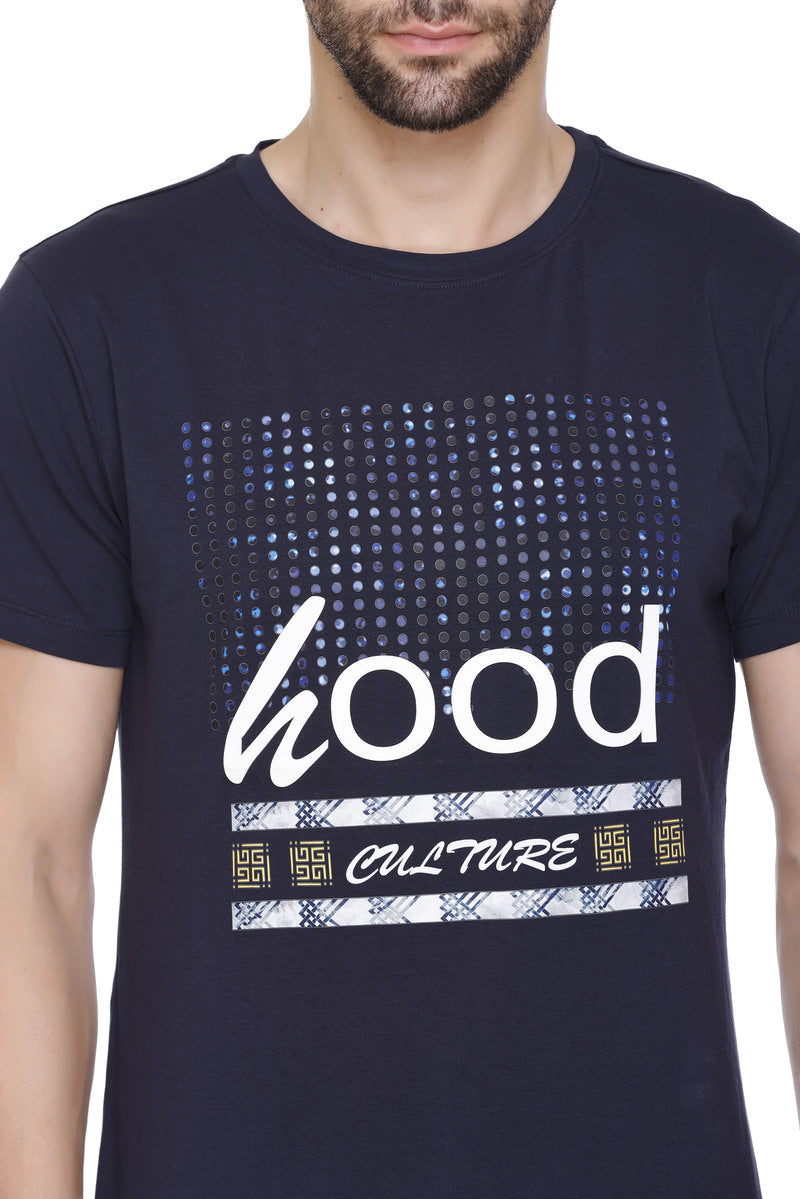 Men’s Printed Cotton Lycra Navy T-Shirt | Hood Culture