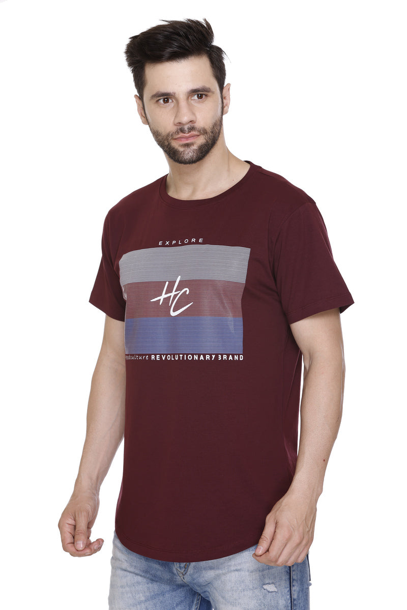 Hood Culture Men’s Printed Cotton Lycra Wine T-Shirt