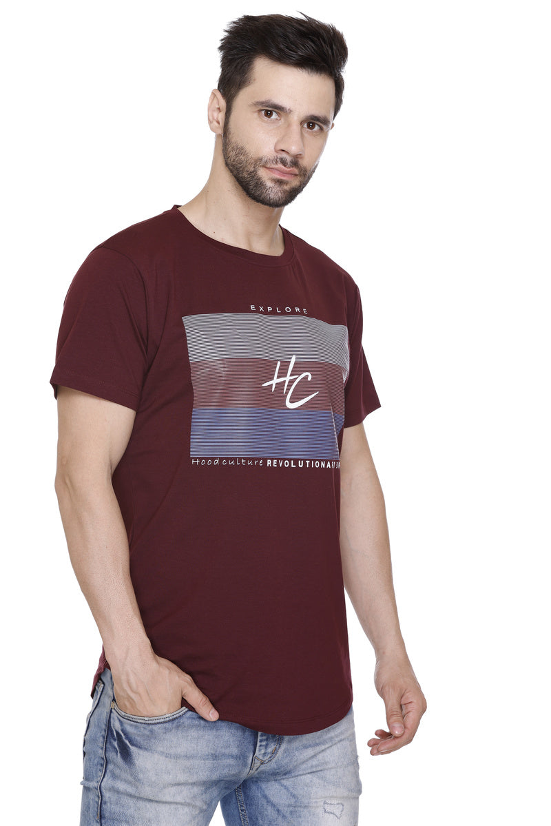 Hood Culture Men’s Printed Cotton Lycra Wine T-Shirt