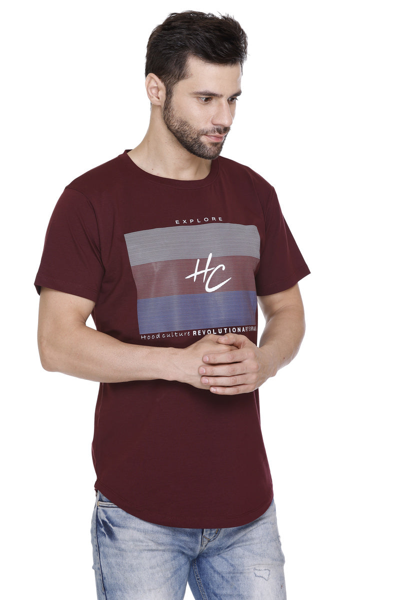 Hood Culture Men’s Printed Cotton Lycra Wine T-Shirt