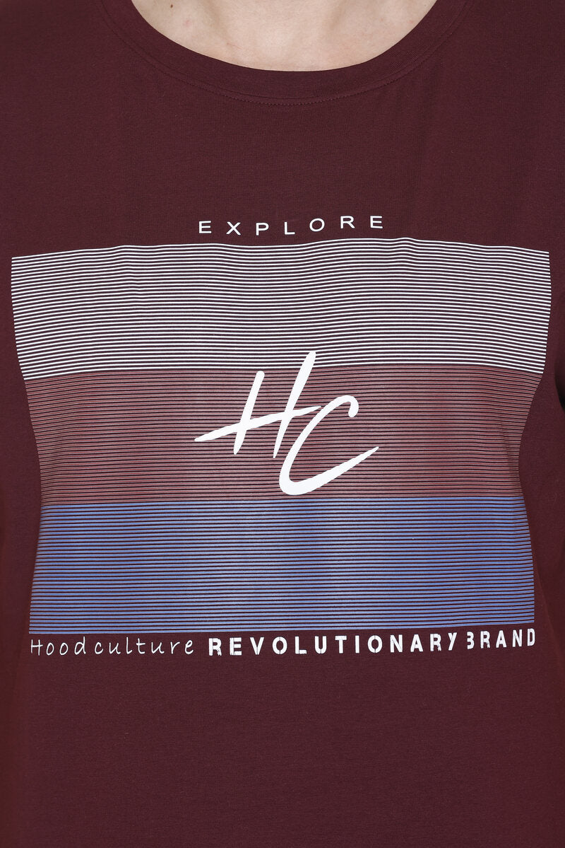 Hood Culture Men’s Printed Cotton Lycra Wine T-Shirt