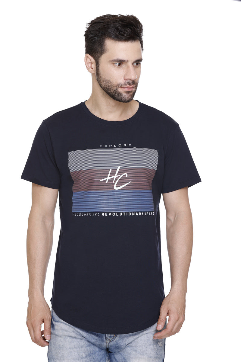 Men’s Printed Cotton Lycra Navy T-Shirt | Hood Culture