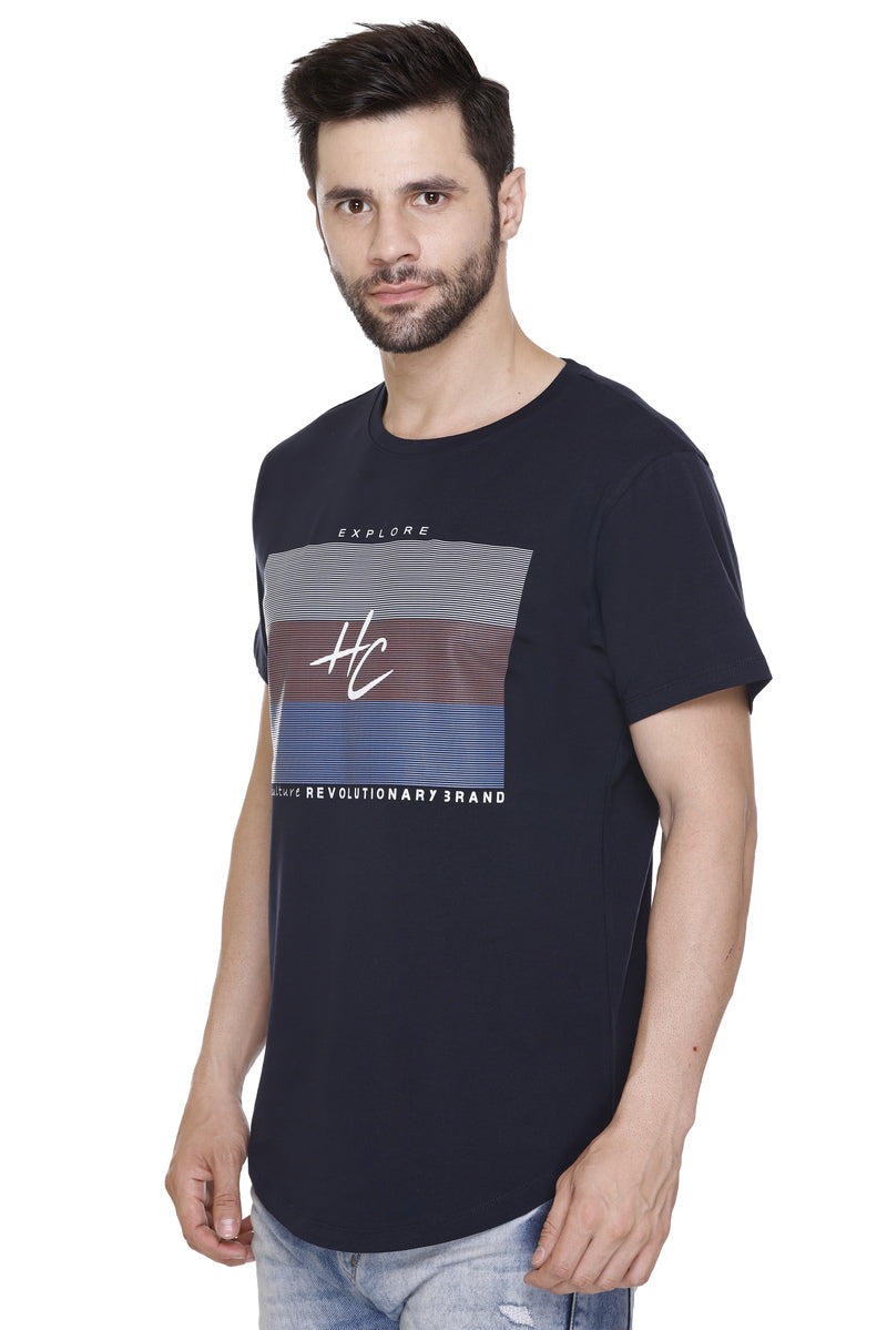 Men’s Printed Cotton Lycra Navy T-Shirt | Hood Culture