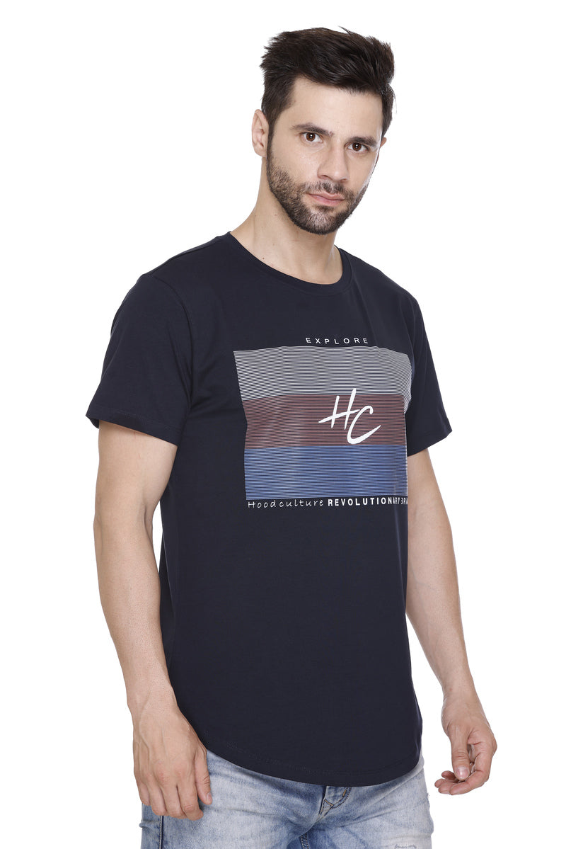 Men’s Printed Cotton Lycra Navy T-Shirt | Hood Culture