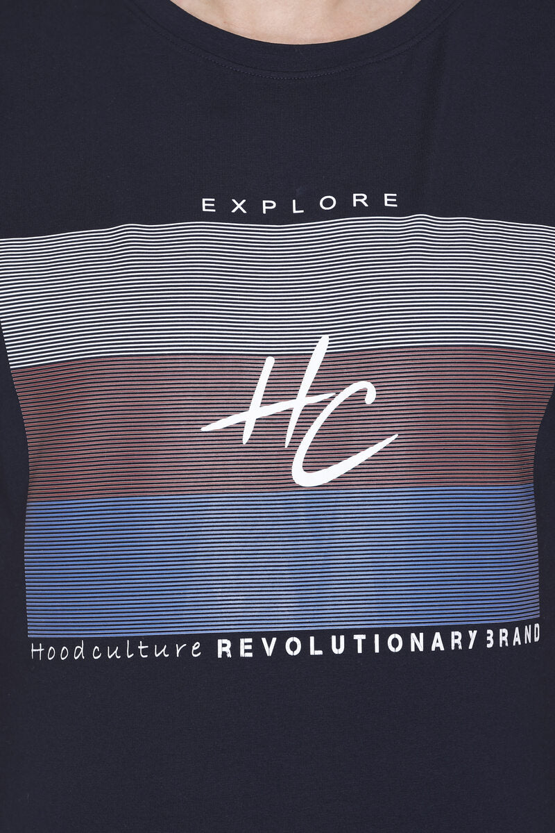 Men’s Printed Cotton Lycra Navy T-Shirt | Hood Culture