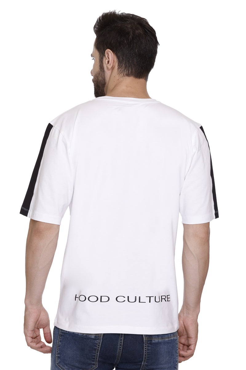 Hood Culture Men’s Printed Cotton Lycra White T-Shirt