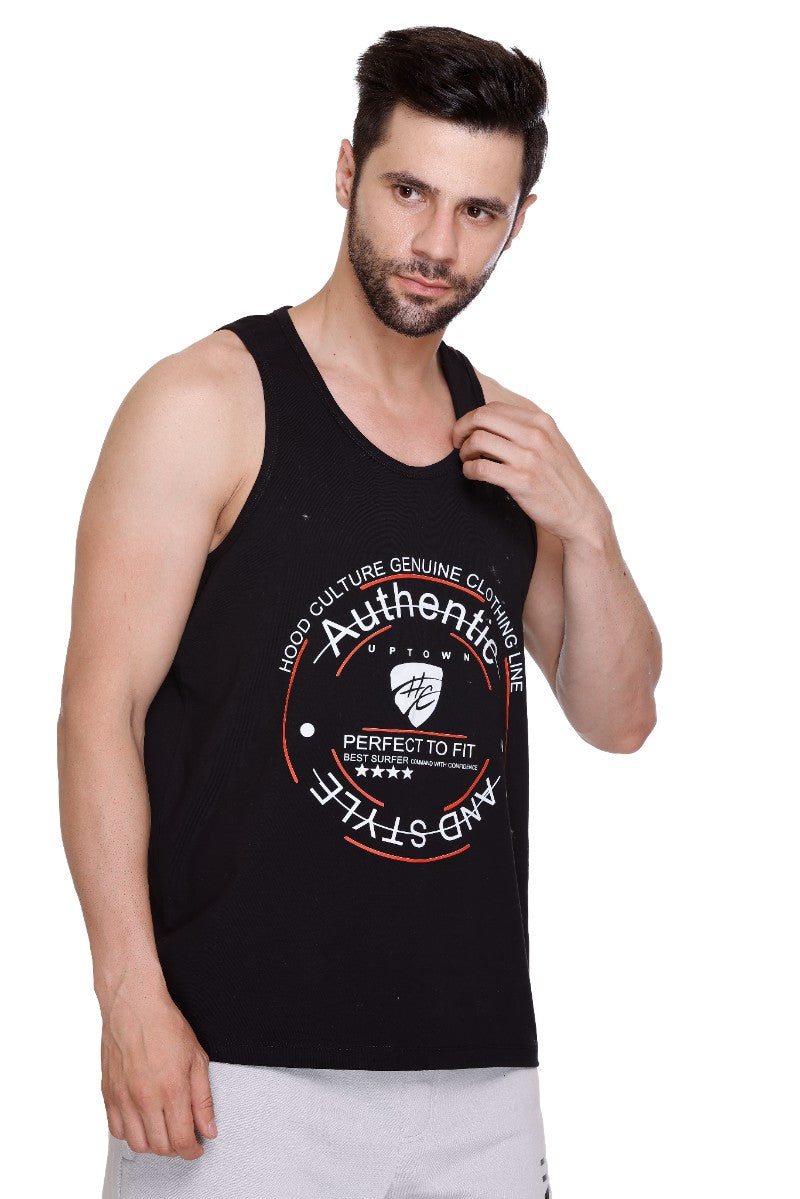 Men's Printed Cotton Lycra Black Gym Vest | Activewear Sports Sleeveless Tank Top | Stretchable Workout Vest for Men
