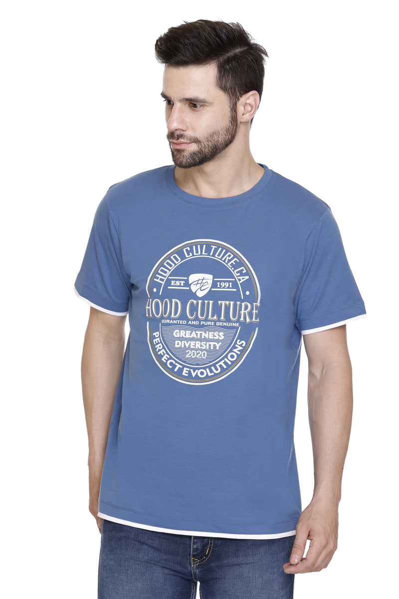 Hood Culture Men’s Printed Cotton Lycra Blue T-Shirt