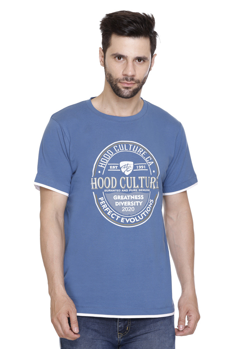 Hood Culture Men’s Printed Cotton Lycra Blue T-Shirt